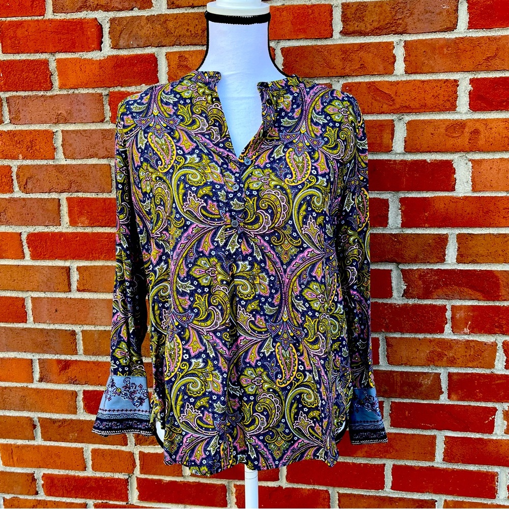 Ann Taylor Loft Hi Low Button Front Purple Pink Green Paisley Print Top Small